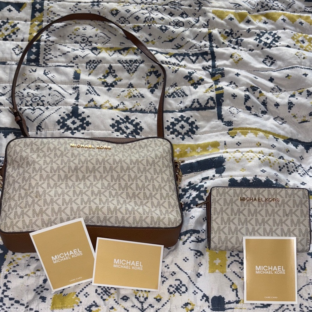 Michael Kors Monogram Crossbody Bag Set in Beige and Brown